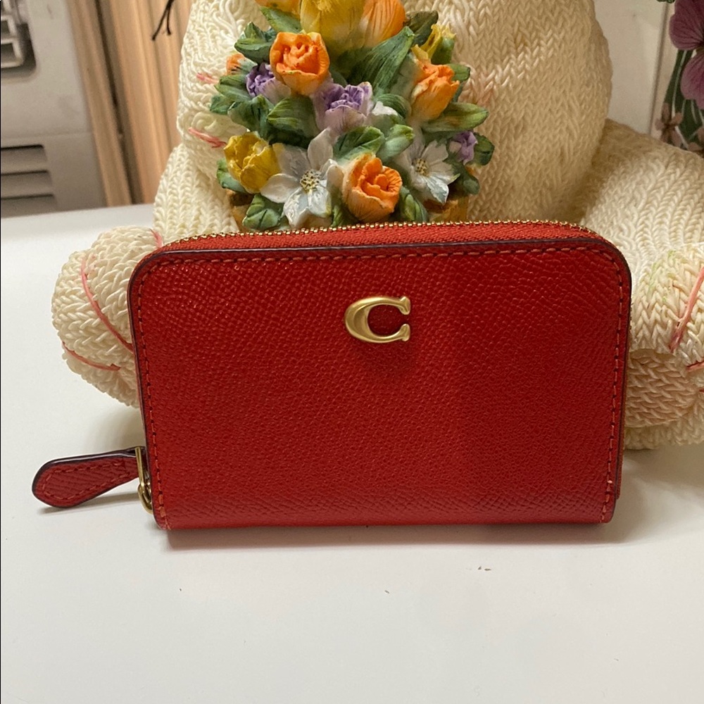 Coach Red Leather Zip-Around Wallet with Gold Emblem